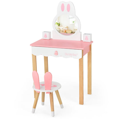 Kids Vanity Set Rabbit Makeup Dressing Table Chair Set with Mirror and Drawer, Pink