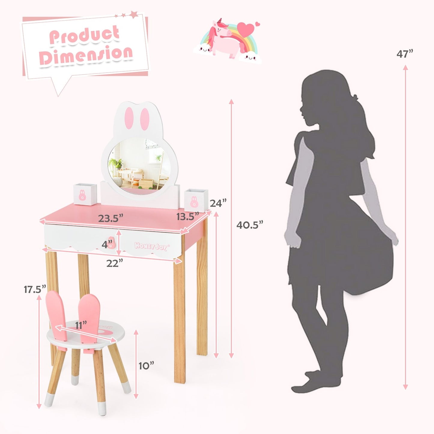 Kids Vanity Set Rabbit Makeup Dressing Table Chair Set with Mirror and Drawer, Pink