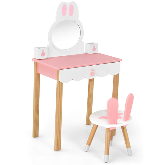 Kids Vanity Set Rabbit Makeup Dressing Table Chair Set with Mirror and Drawer, Pink at Gallery Canada