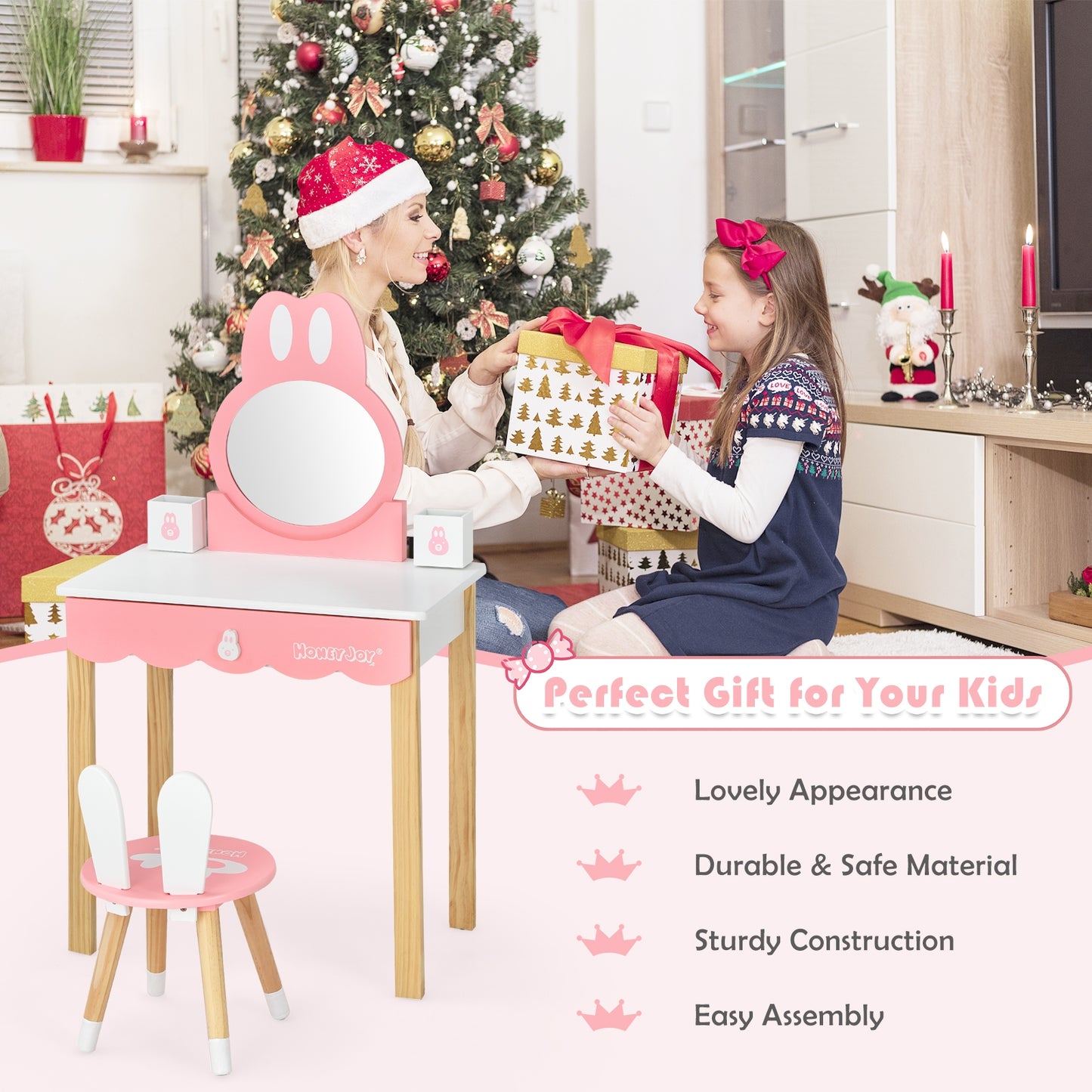 Kids Vanity Set Rabbit Makeup Dressing Table Chair Set with Mirror and Drawer, White Kids Vanities at Gallery Canada