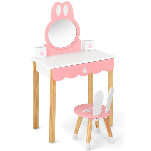 Kids Vanity Set Rabbit Makeup Dressing Table Chair Set with Mirror and Drawer, White