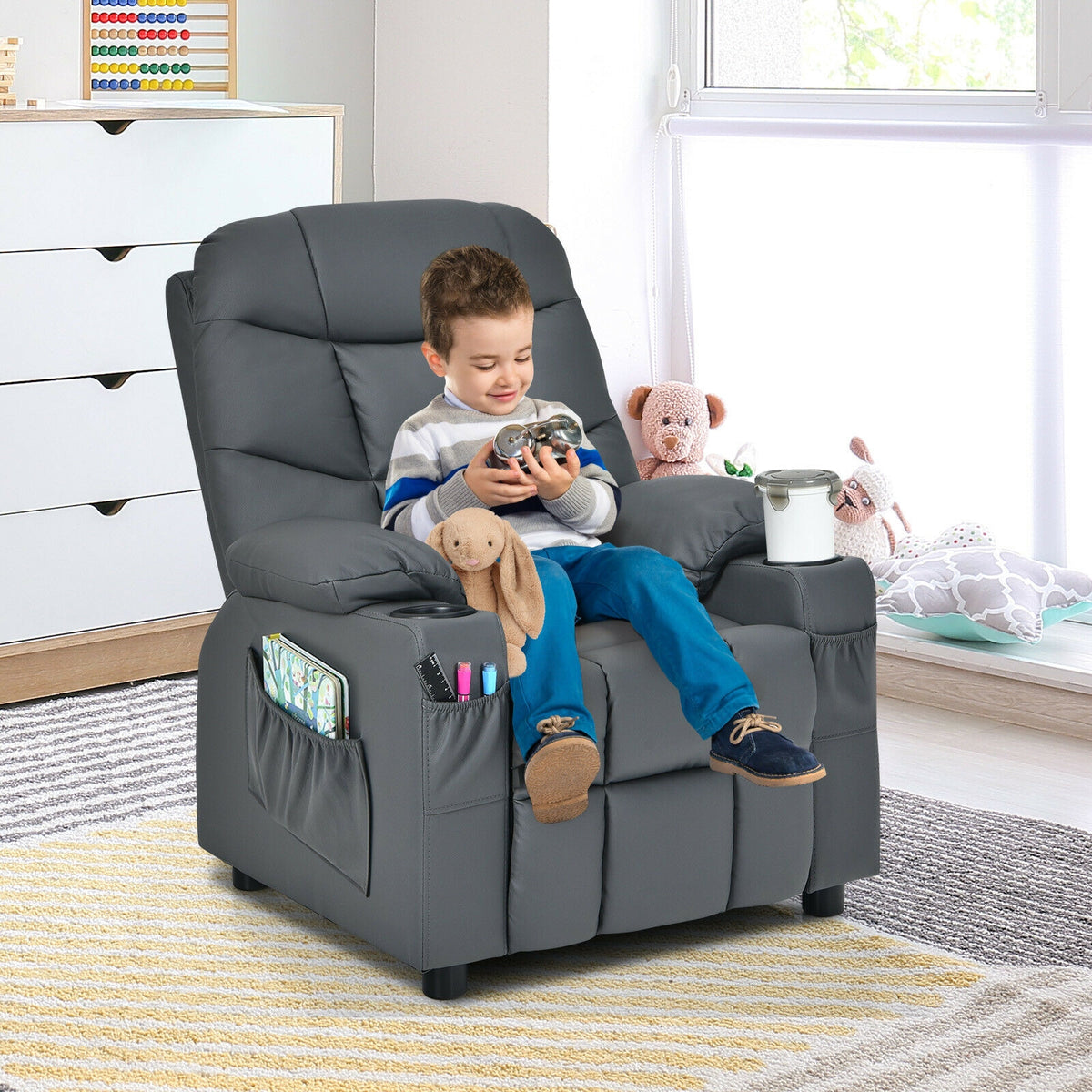 Kids Recliner Chair With Cup Holder, Footrest, Gray Kids Chairs & Seating at Gallery Canada