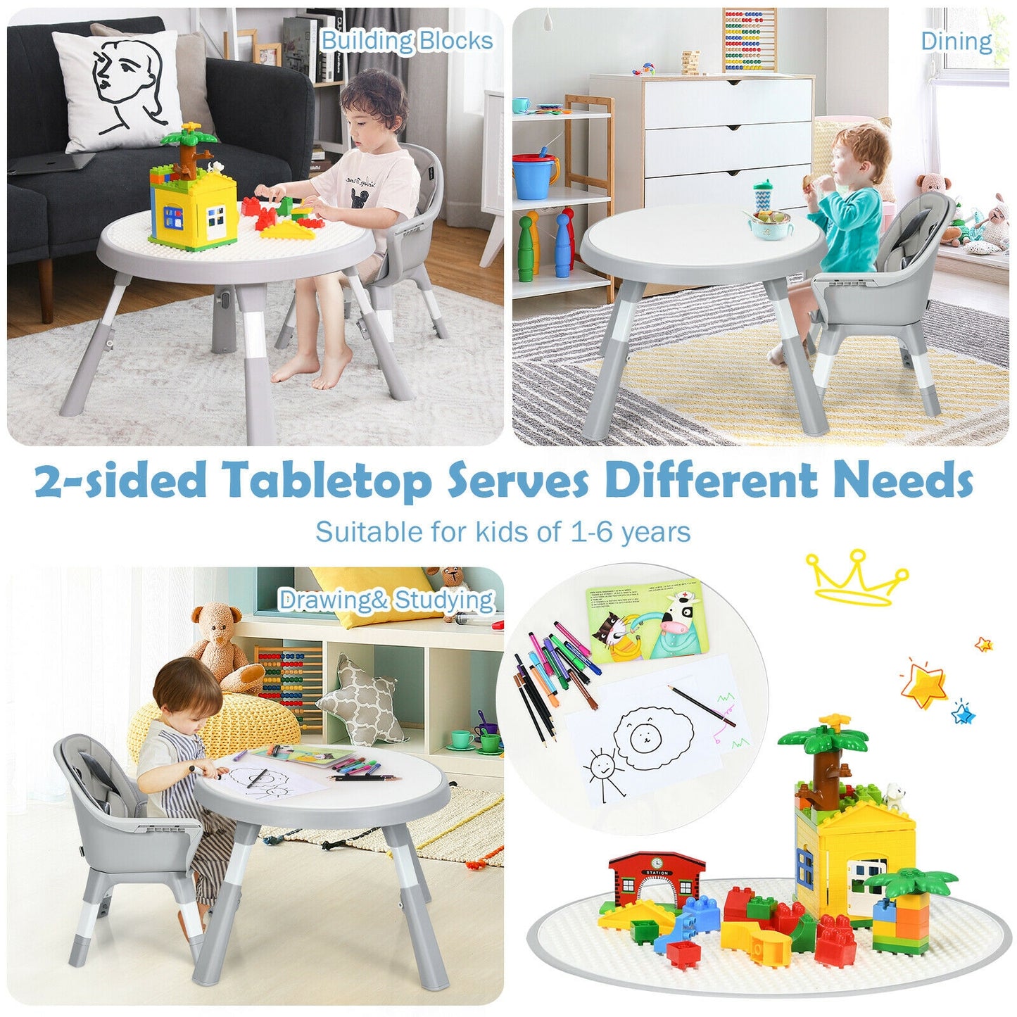 6-in-1 Baby High Chair Infant Activity Center with Height Adjustment, Gray High Chairs at Gallery Canada