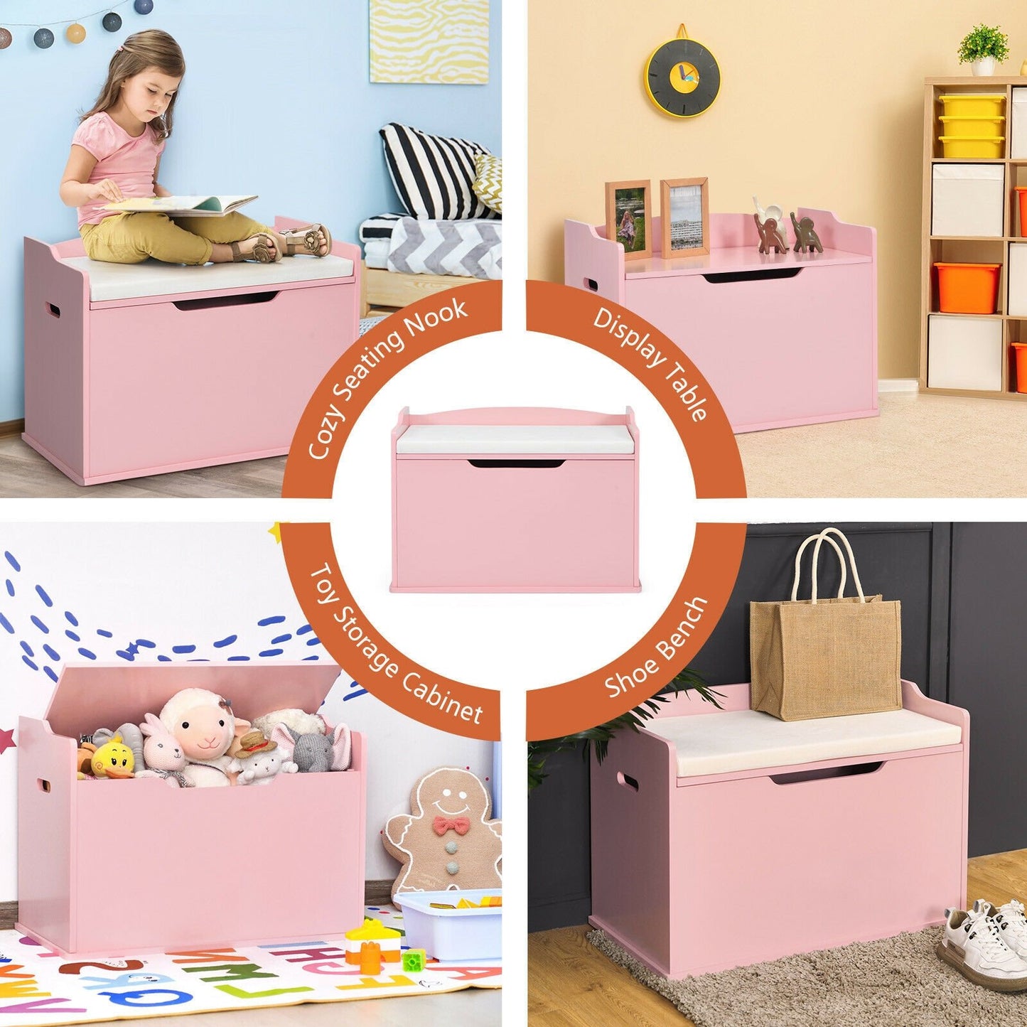 Kids Toy Wooden Flip-top Storage Box Chest Bench with Cushion Hinge, Pink