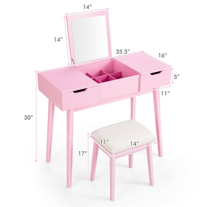 Makeup Vanity Table Set with Flip Top Mirror and 2 Drawers, Pink at Gallery Canada
