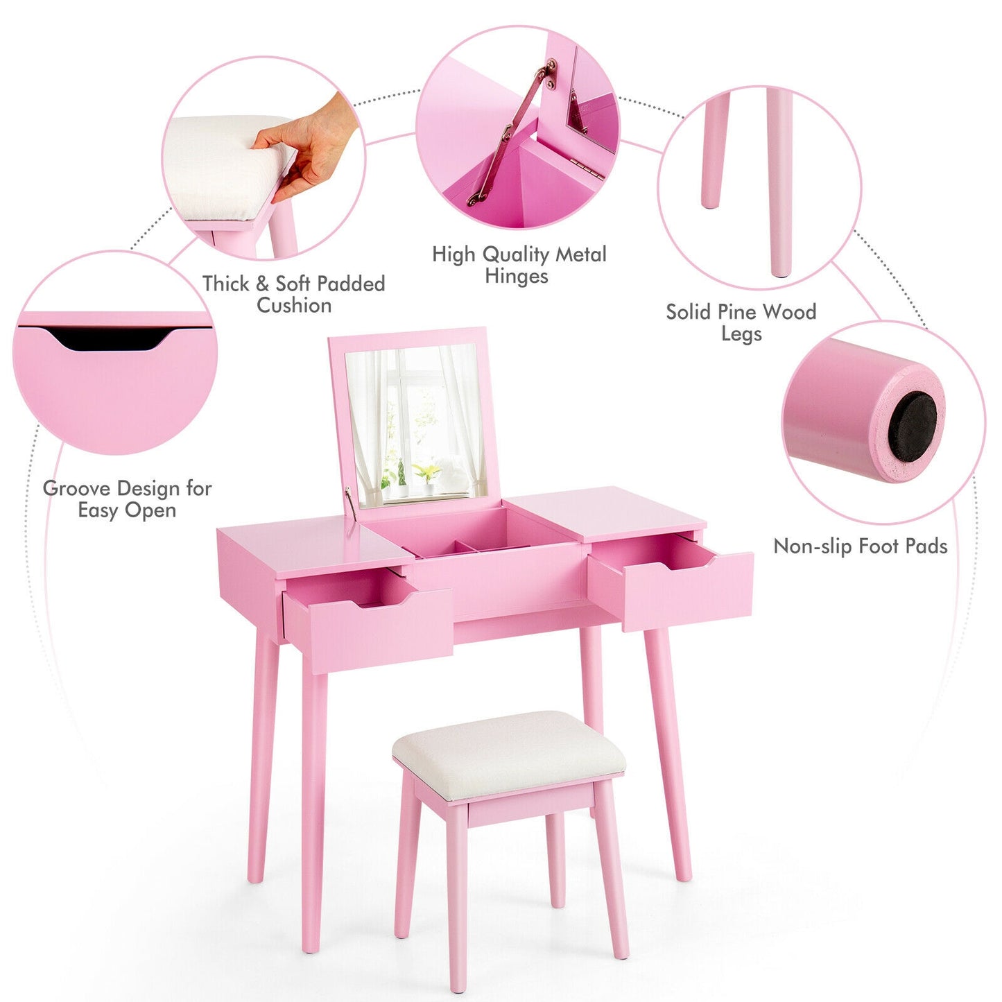 Table de maquillage avec miroir rabattable, 2 tiroirs, rose