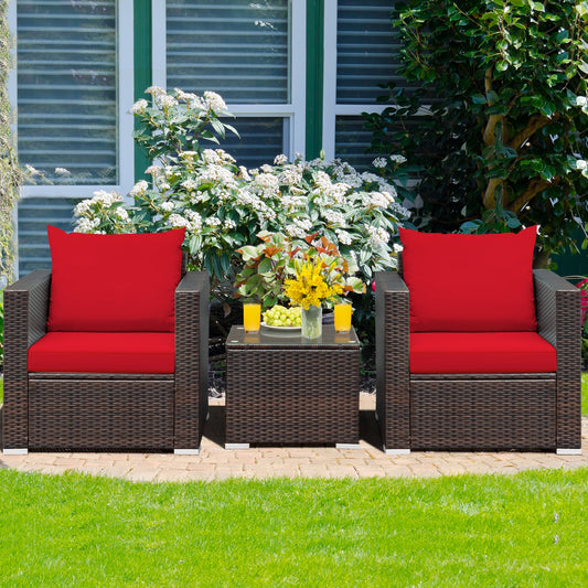3 Pcs Patio Conversation Rattan Furniture Set, Red