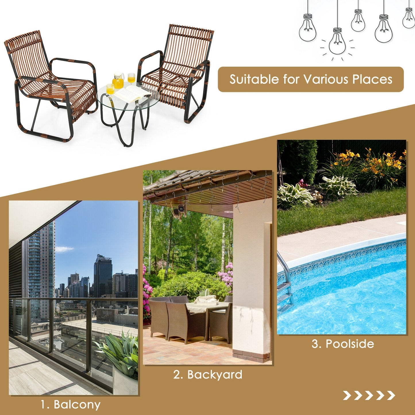 3 Piece Patio Rattan Furniture Set, Brown Patio Conversation Sets at Gallery Canada