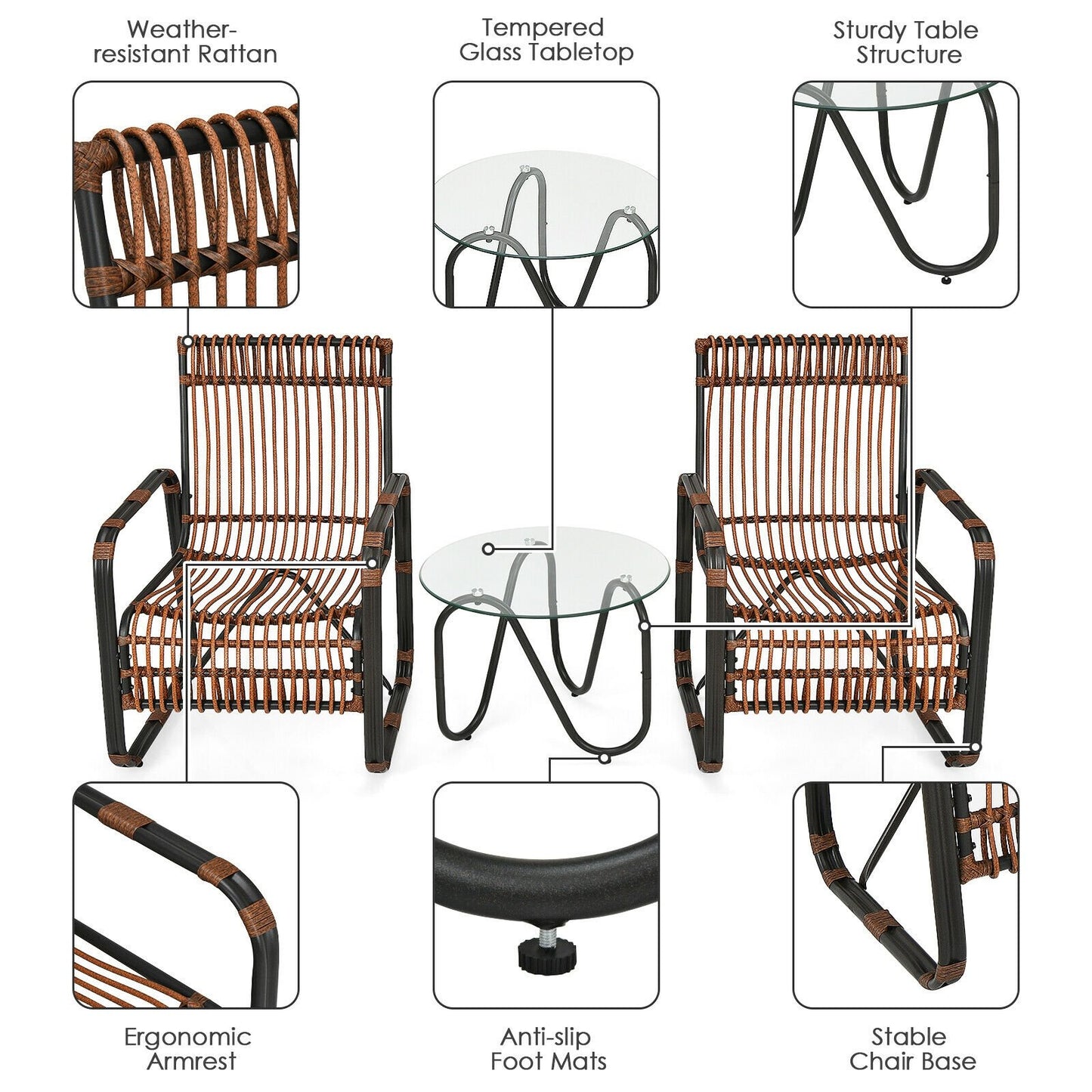 3 Pieces Patio Rattan Conversational Furniture Set, Brown at Gallery Canada