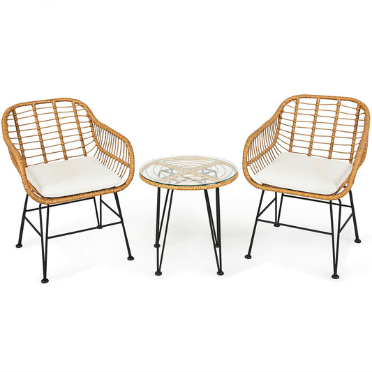 3 Pieces Rattan Furniture Set with Cushioned Chair Table, White