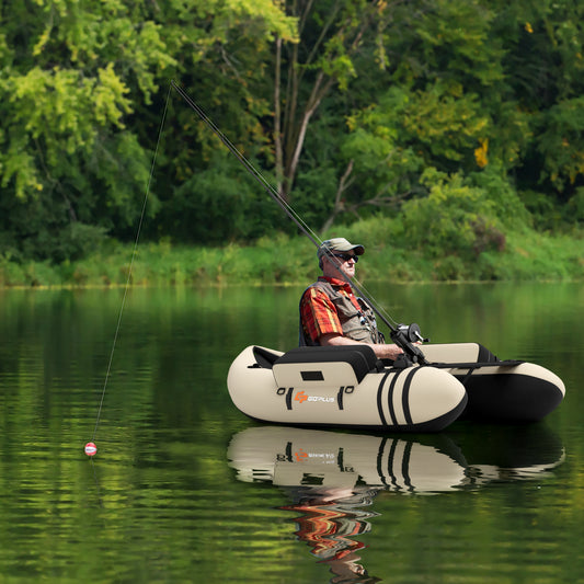 Inflatable Fishing Float Tube with Fish Ruler and Pump Storage Pockets, Beige Surfing Beige at Gallery Canada