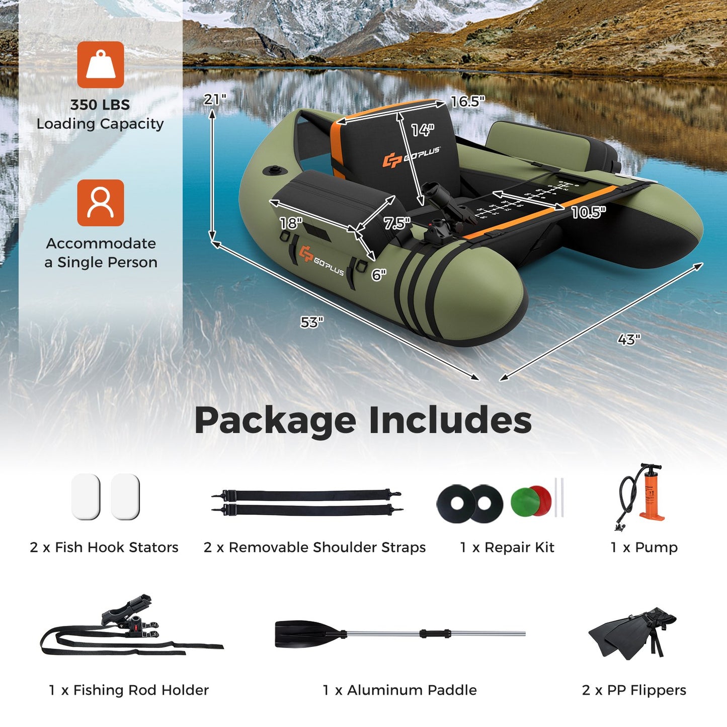 Inflatable Fishing Float Tube with Pump Storage Pockets and Fish Ruler, Green at Gallery Canada