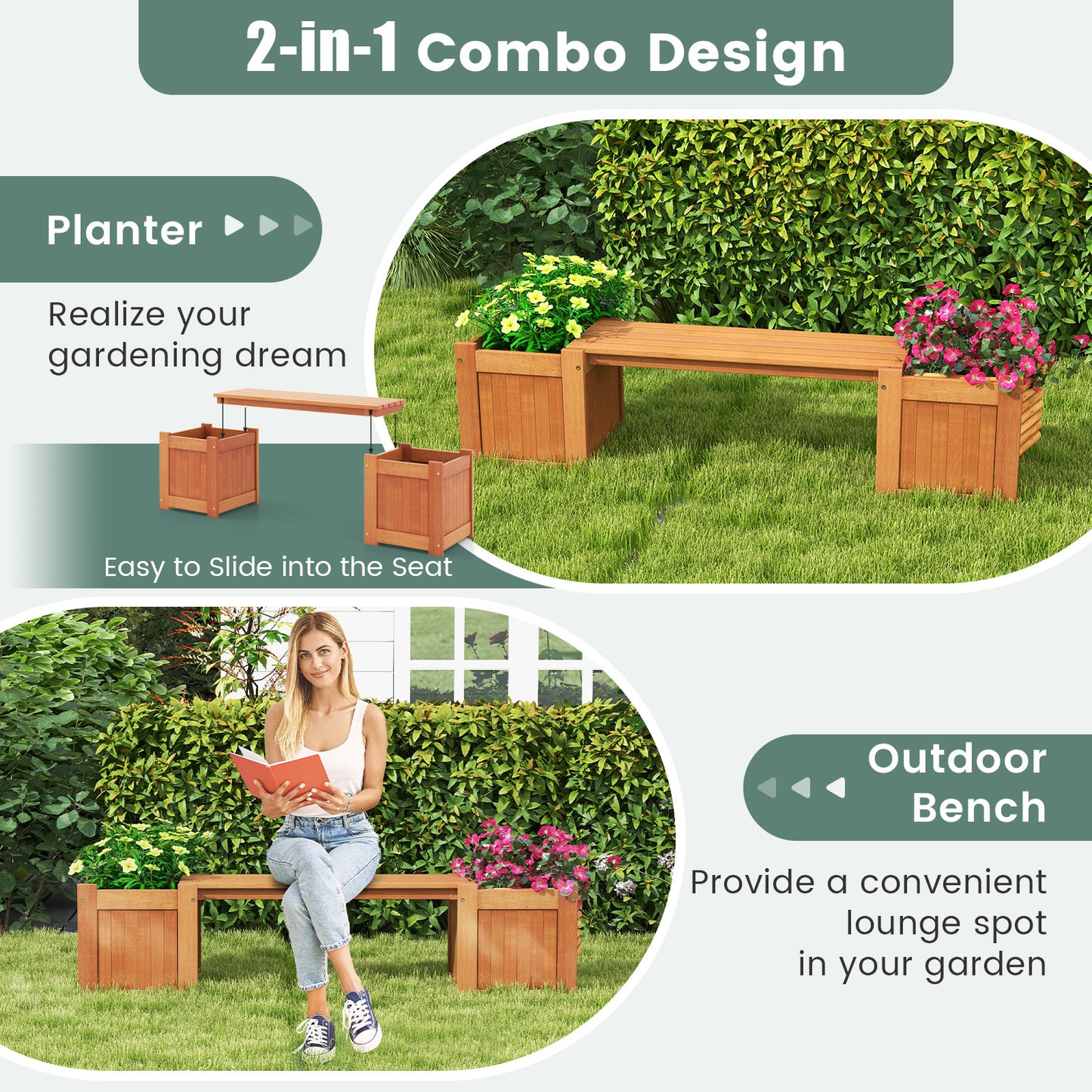 Wood Planter Box with Bench for Garden Yard Balcony, Natural Potting Benches & Tables at Gallery Canada