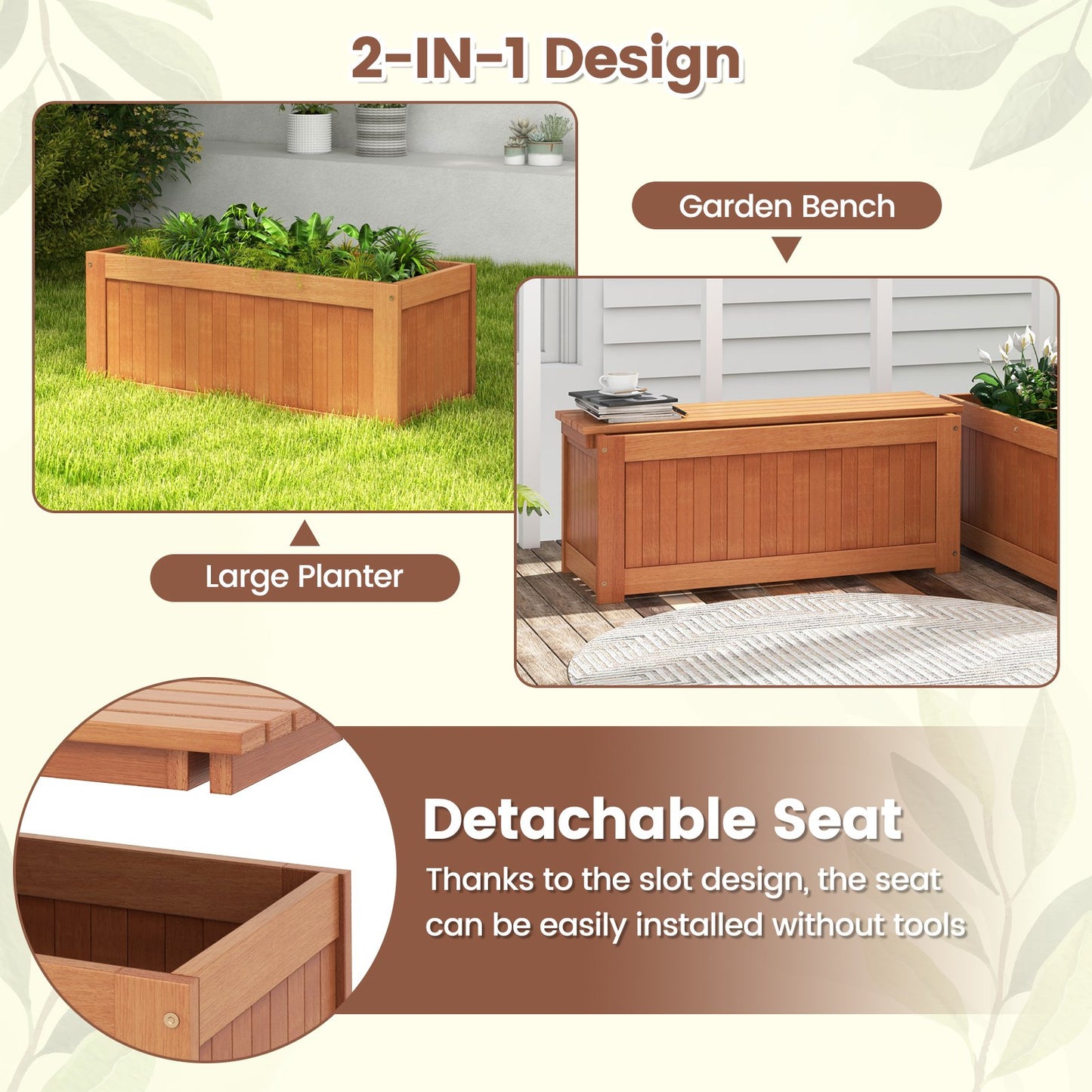 Outdoor Plant Container with Seat for Garden Yard Balcony Deck, Natural