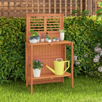 Folding Garden Potting Bench with 2-tier Storage Shelves and Teak Oil Finish for Garden Yard Balcony, Natural