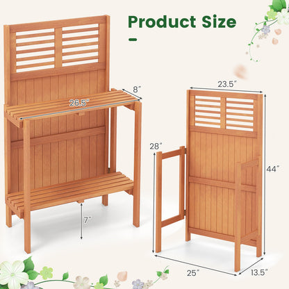 Folding Garden Potting Bench with 2-tier Storage Shelves and Teak Oil Finish for Garden Yard Balcony, Natural
