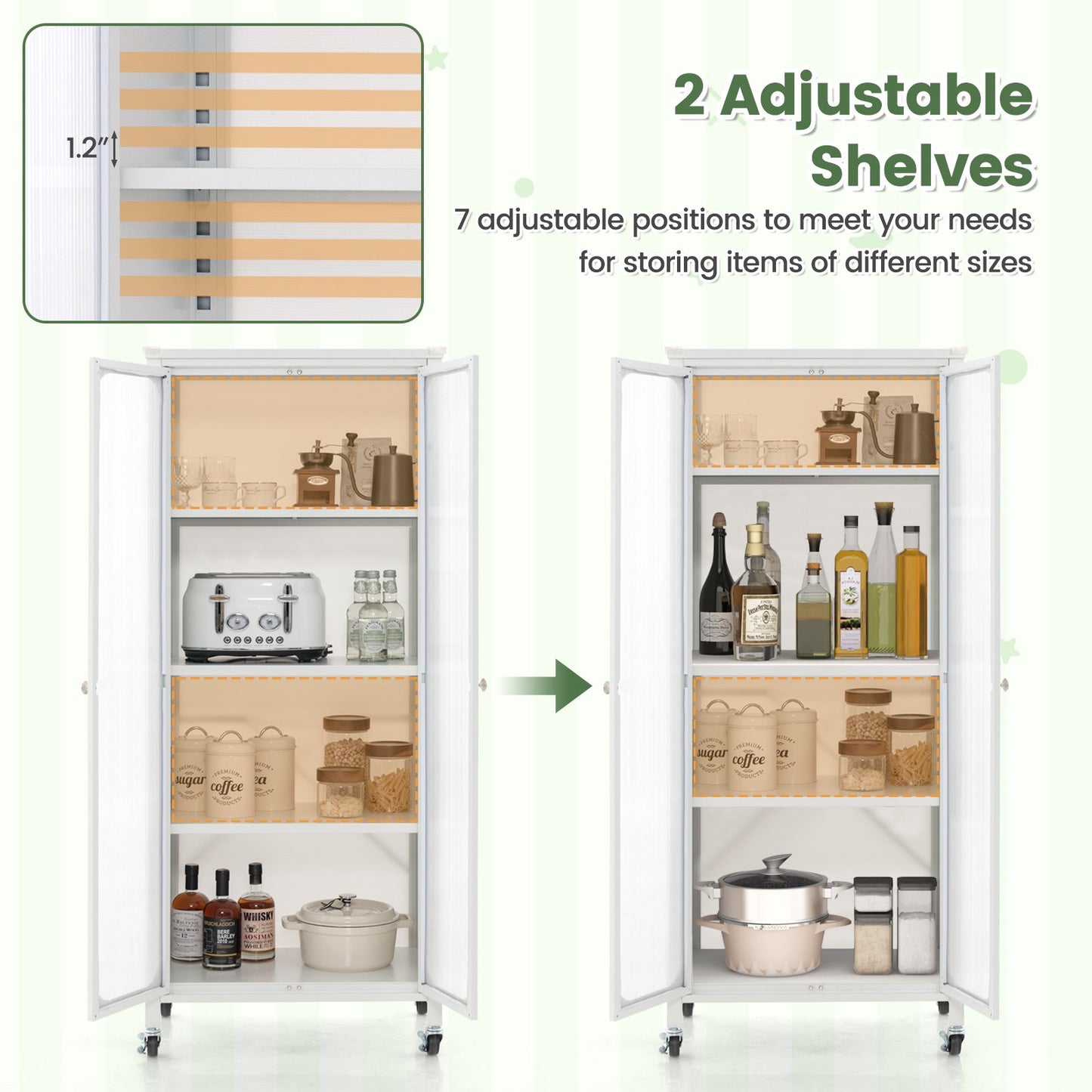 Glass Doors Storage Cabinet with Wheels and Adjustable Shelves, White