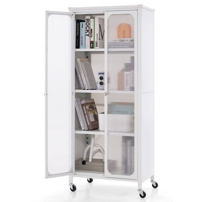 Glass Doors Storage Cabinet with Wheels and Adjustable Shelves, White