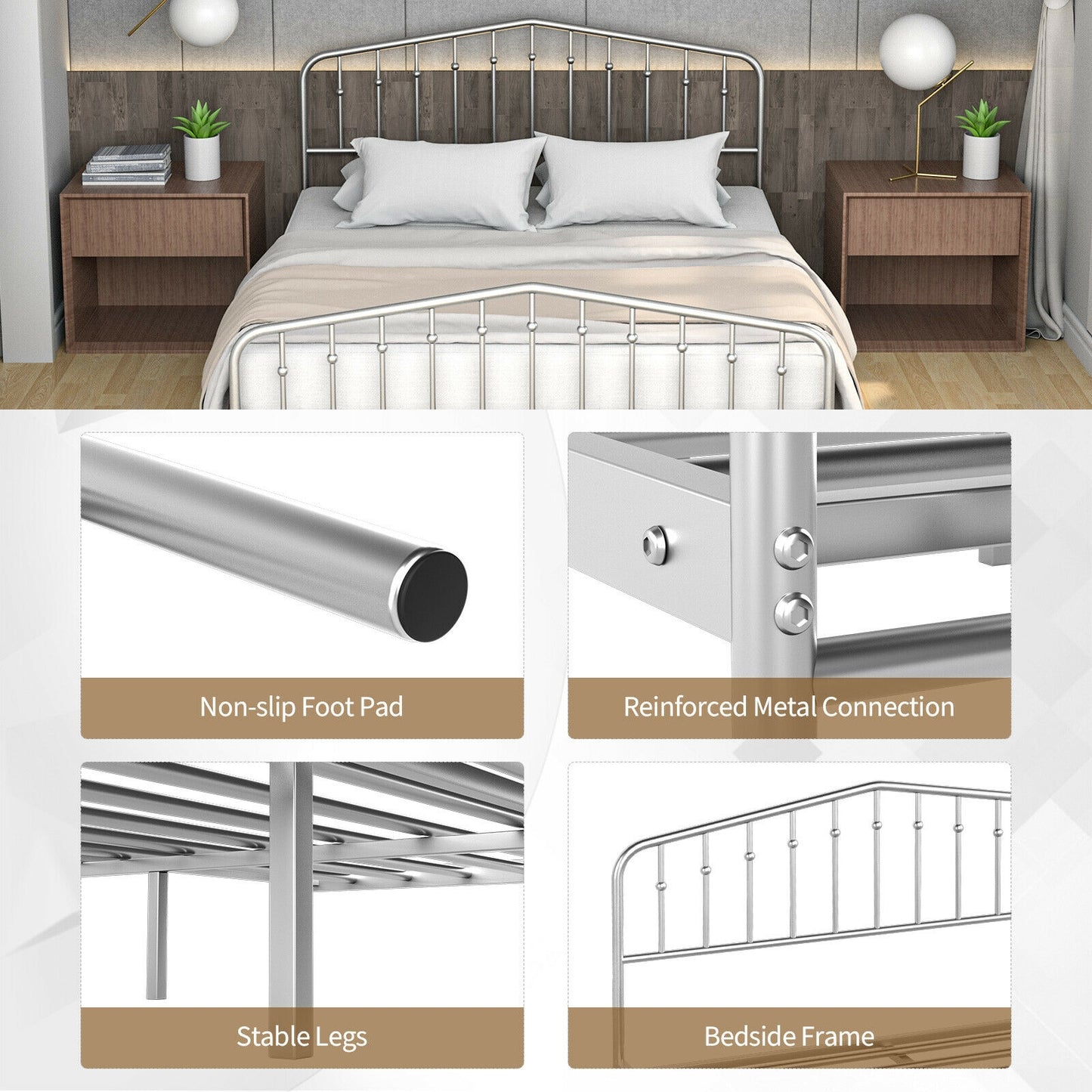 Queen Size Metal Bed Frame, Platform Headboard, Footboard, Storage, Silver Simple Bed Frame at Gallery Canada