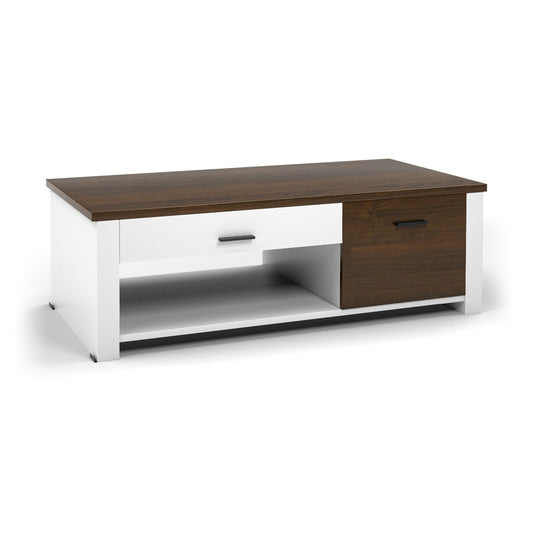 Modern Coffee Table with Front Back Drawers and Compartments for Living Room, Brown & White at Gallery Canada