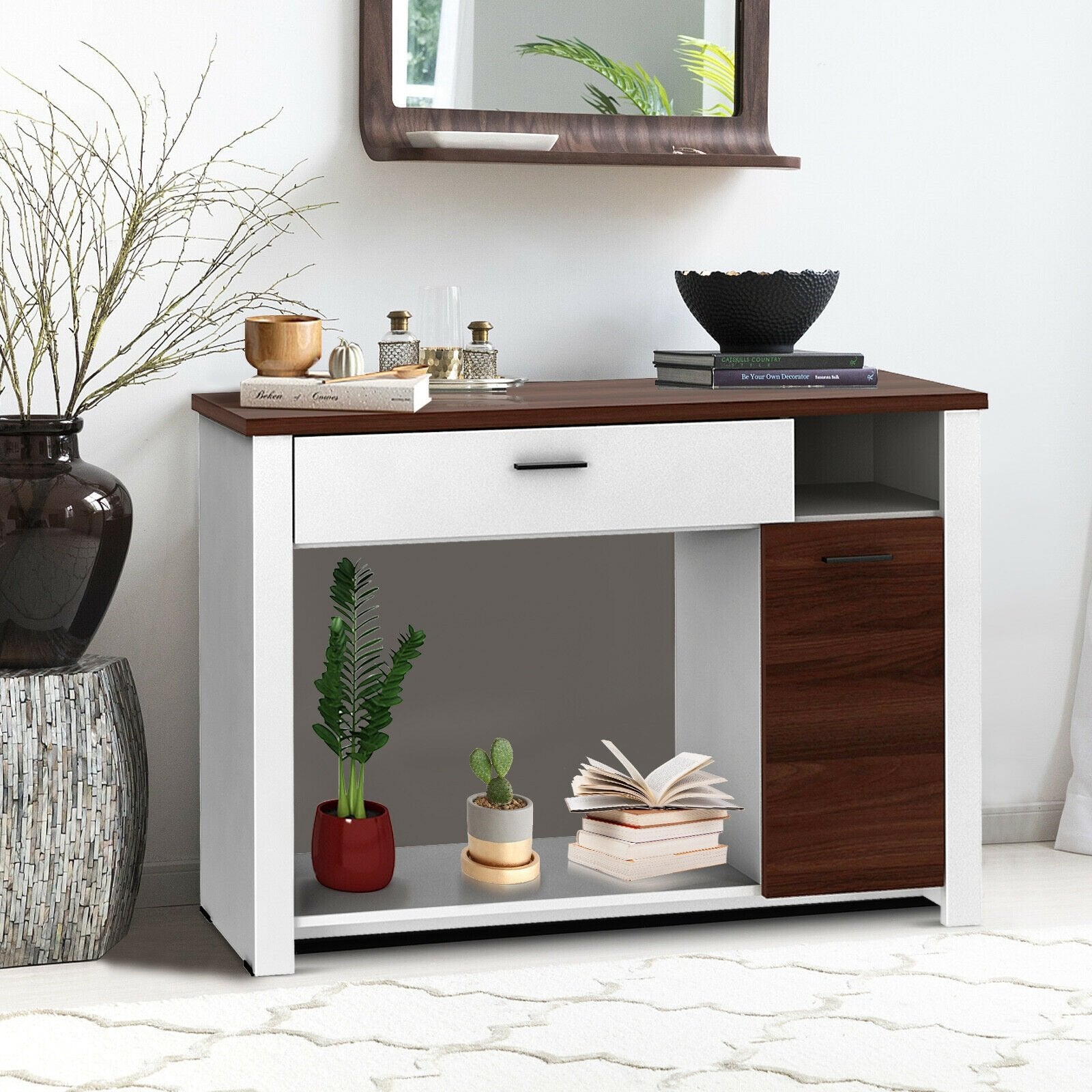 48 Inch Console Table with Drawer and Cabinet, Brown & White at Gallery Canada
