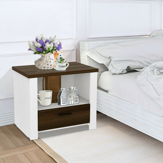 Accent Nightstand with Drawer and Open Shelf, Brown & White Nightstands Brown & White at Gallery Canada