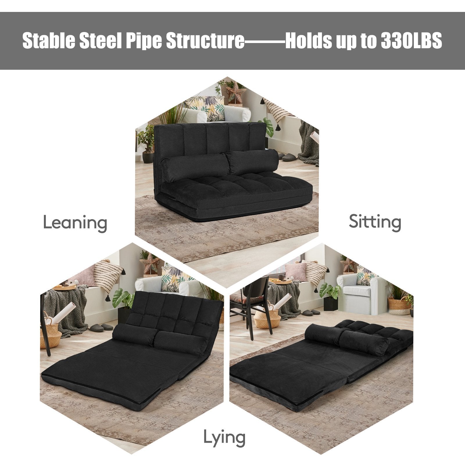 Foldable Floor 6-Position Adjustable Lounge Couch, Black at Gallery Canada