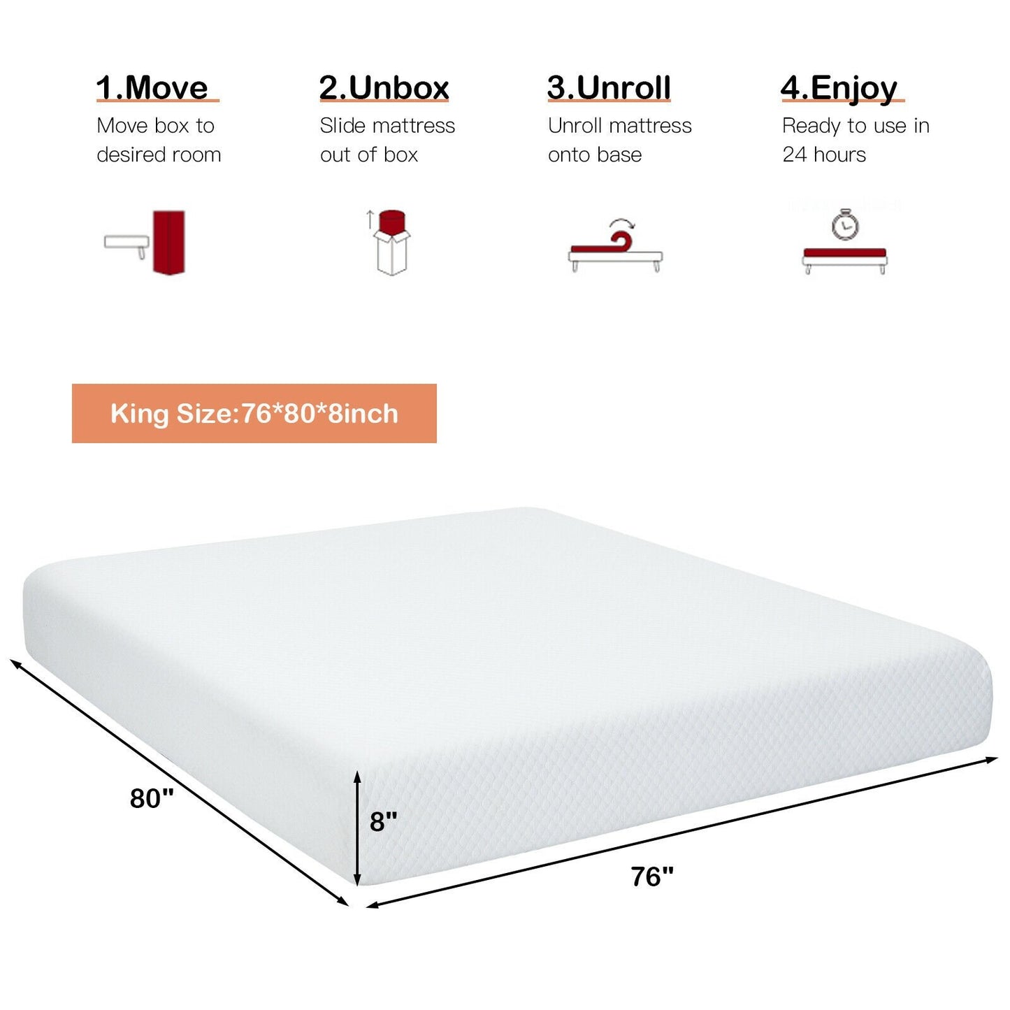 8 Inch Foam Medium Firm Mattress with Jacquard Cover-King Size, White