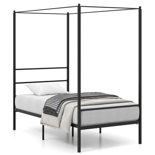Twin/Full/Queen Size Metal Canopy Bed Frame with Slat Support-Twin Size, Black