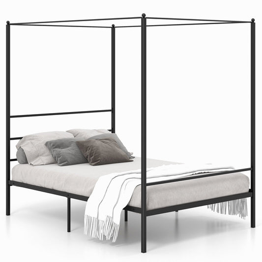 Twin/Full/Queen Size Metal Canopy Bed Frame with Slat Support-Full Size, Black
