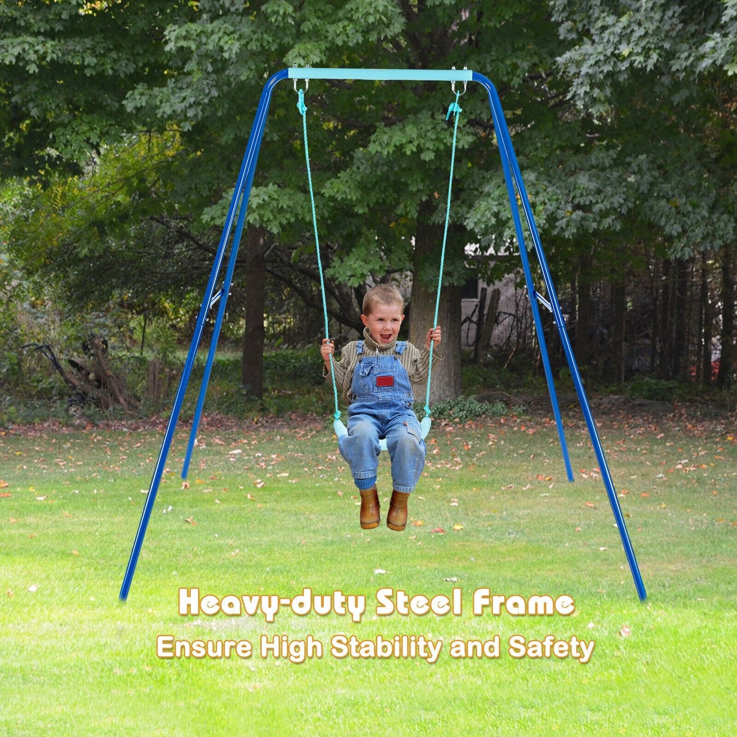 Outdoor Kids Swing Set with Heavy-Duty Metal A-Frame and Ground Stakes, Blue at Gallery Canada