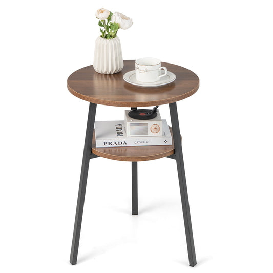 2-Tier Round End Table with Open Shelf and Triangular Metal Frame, Walnut