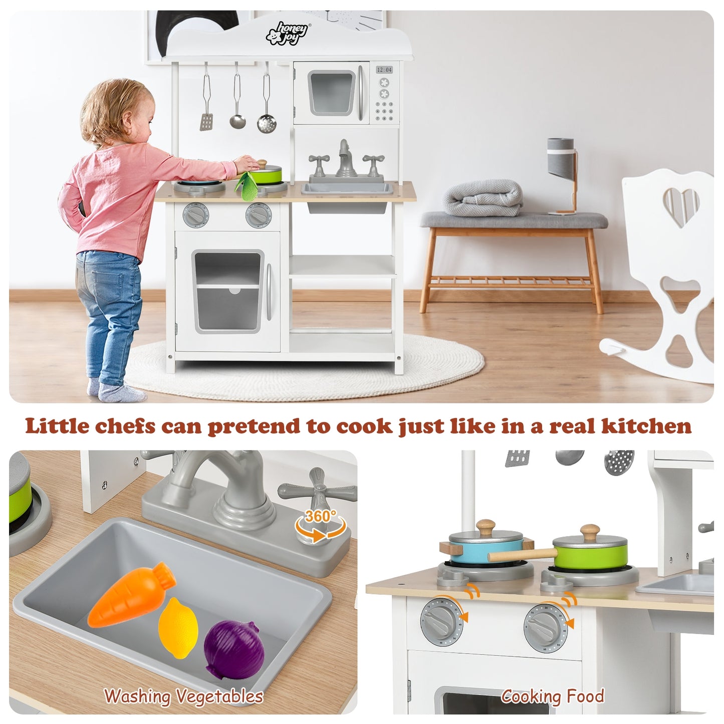 Wooden Pretend Play Kitchen Set for Kids with Accessories and Sink, White Play Kitchen Sets at Gallery Canada