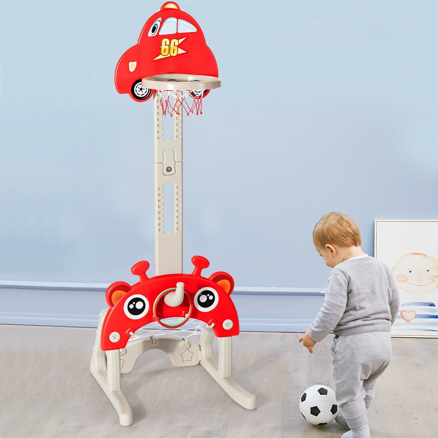 3-in-1 Basketball Hoop for Kids Adjustable Height Playset with Balls, Red