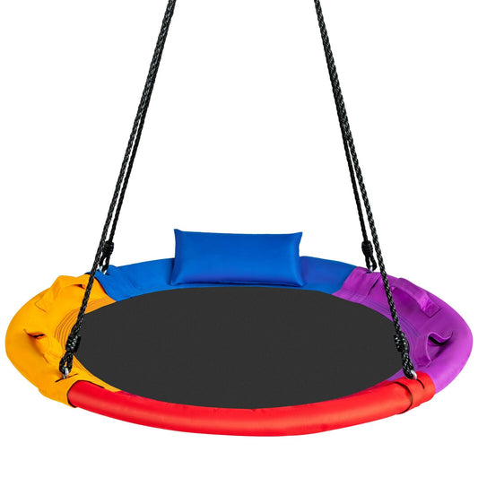 40 inch Saucer Tree Outdoor Round Platform Swing with Pillow and Handle, Multicolor