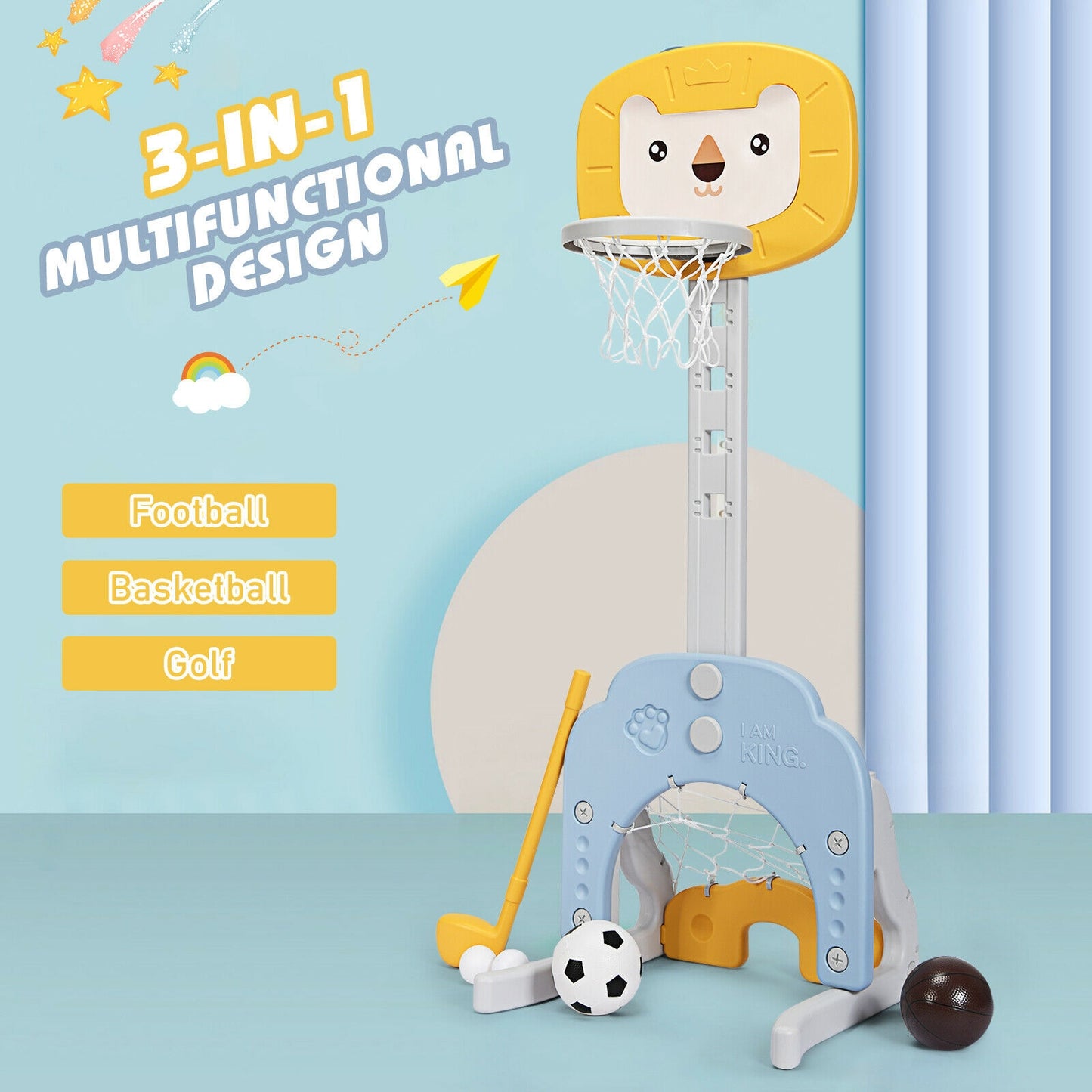 3-in-1 Adjustable Kids Basketball Hoop Sports Set, Yellow Toy Sports at Gallery Canada