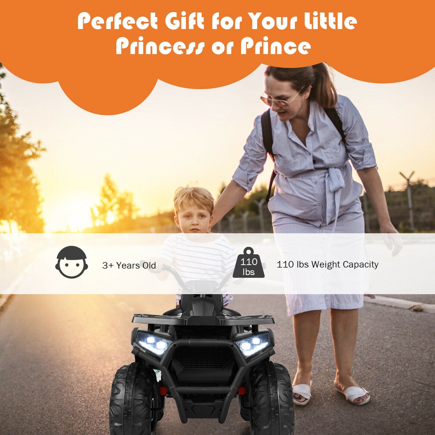 12 V Kids Electric 4-Wheeler ATV Quad with MP3 and LED Lights, Black Powered Ride On Toys at Gallery Canada