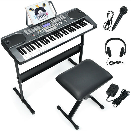 61-Key Electronic Keyboard Piano Starter Set with Stand Bench and Headphones, Black