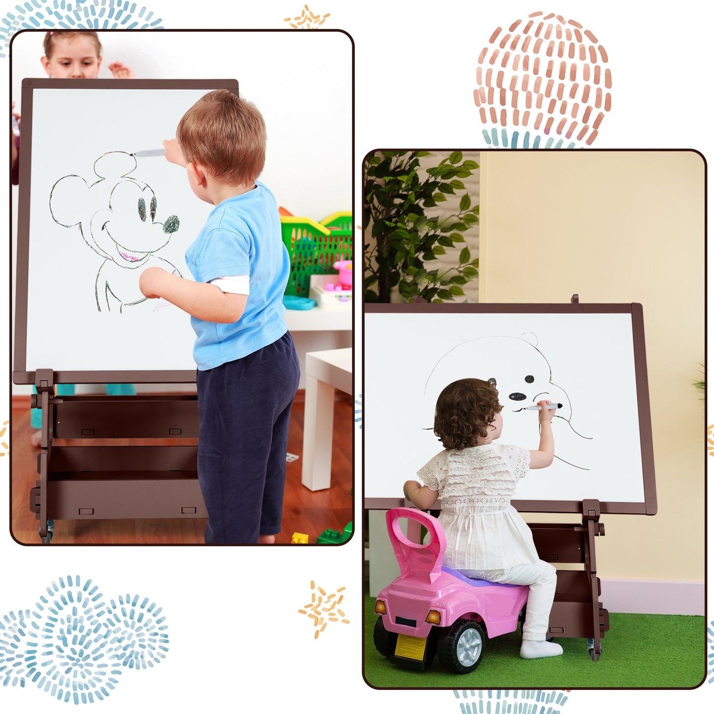 Multifunctional Kids' Standing Art Easel with Dry-Erase Board, Brown