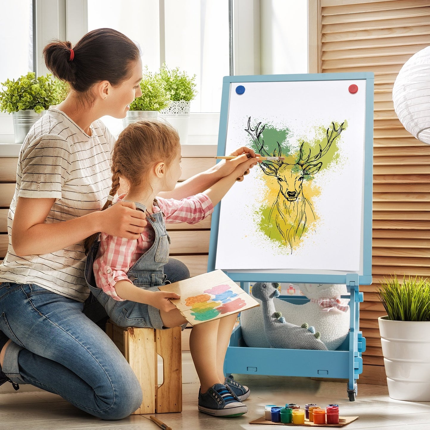 Multifunctional Kids' Standing Art Easel with Dry-Erase Board, Blue