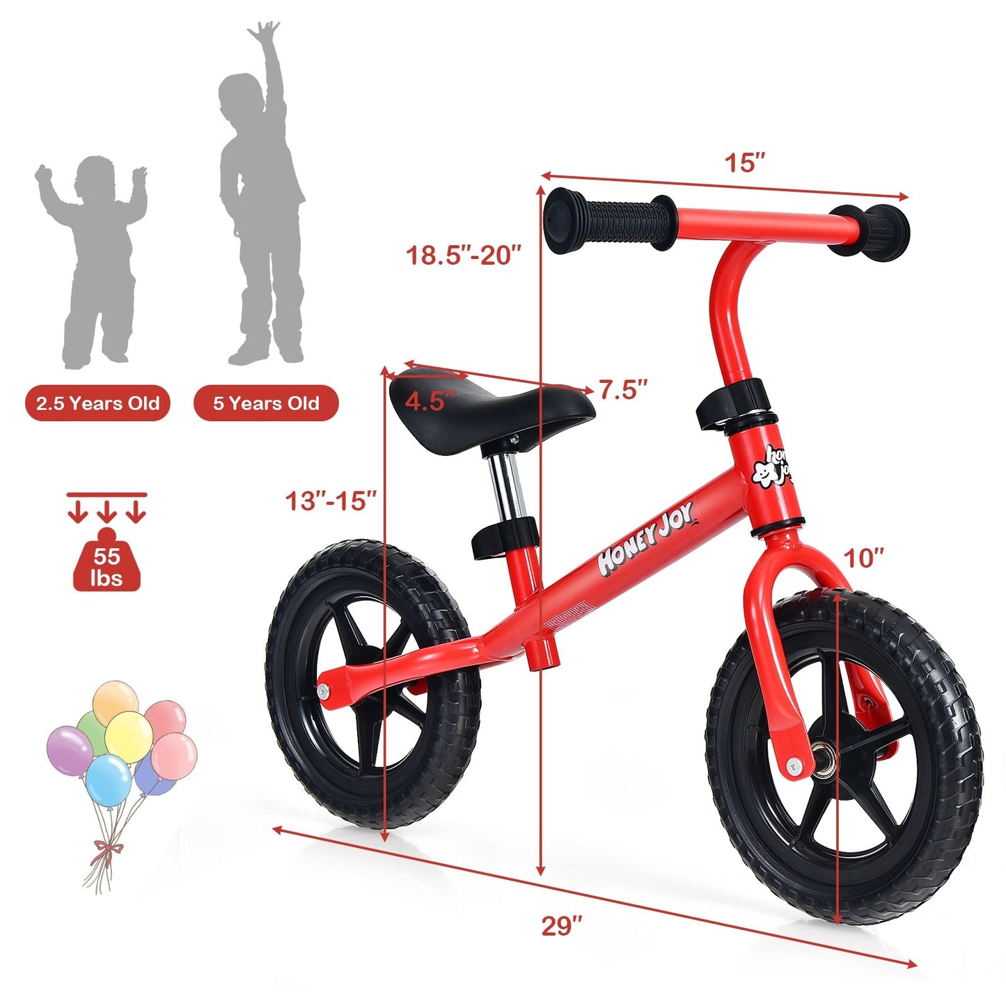 Kids No Pedal Balance Bike with Adjustable Handlebar and Seat, Red