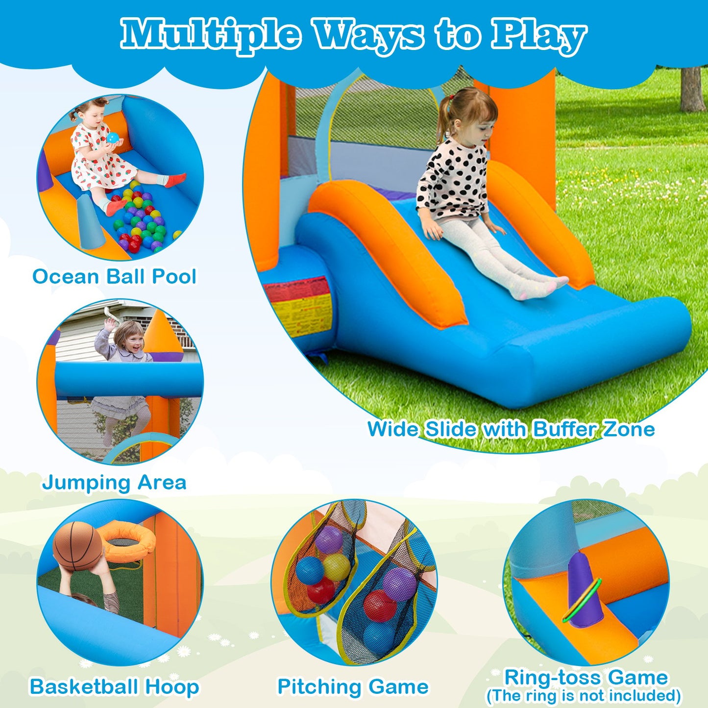 5-in-1 Inflatable Bounce Castle with Ocean Balls and 735W Blower, Multicolor at Gallery Canada