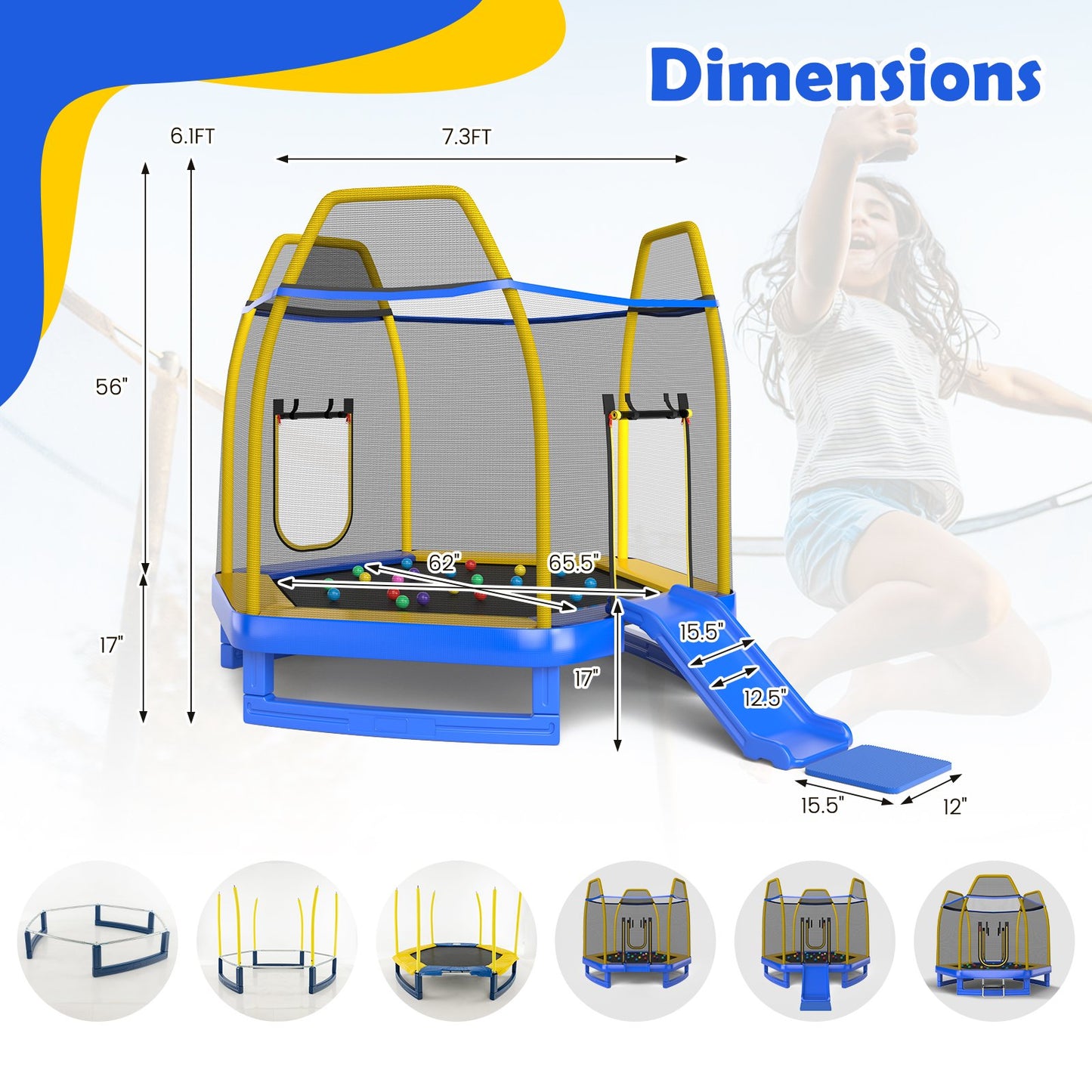 7 Feet Trampoline with Ladder and Slide for Indoor and Outdoor, Blue