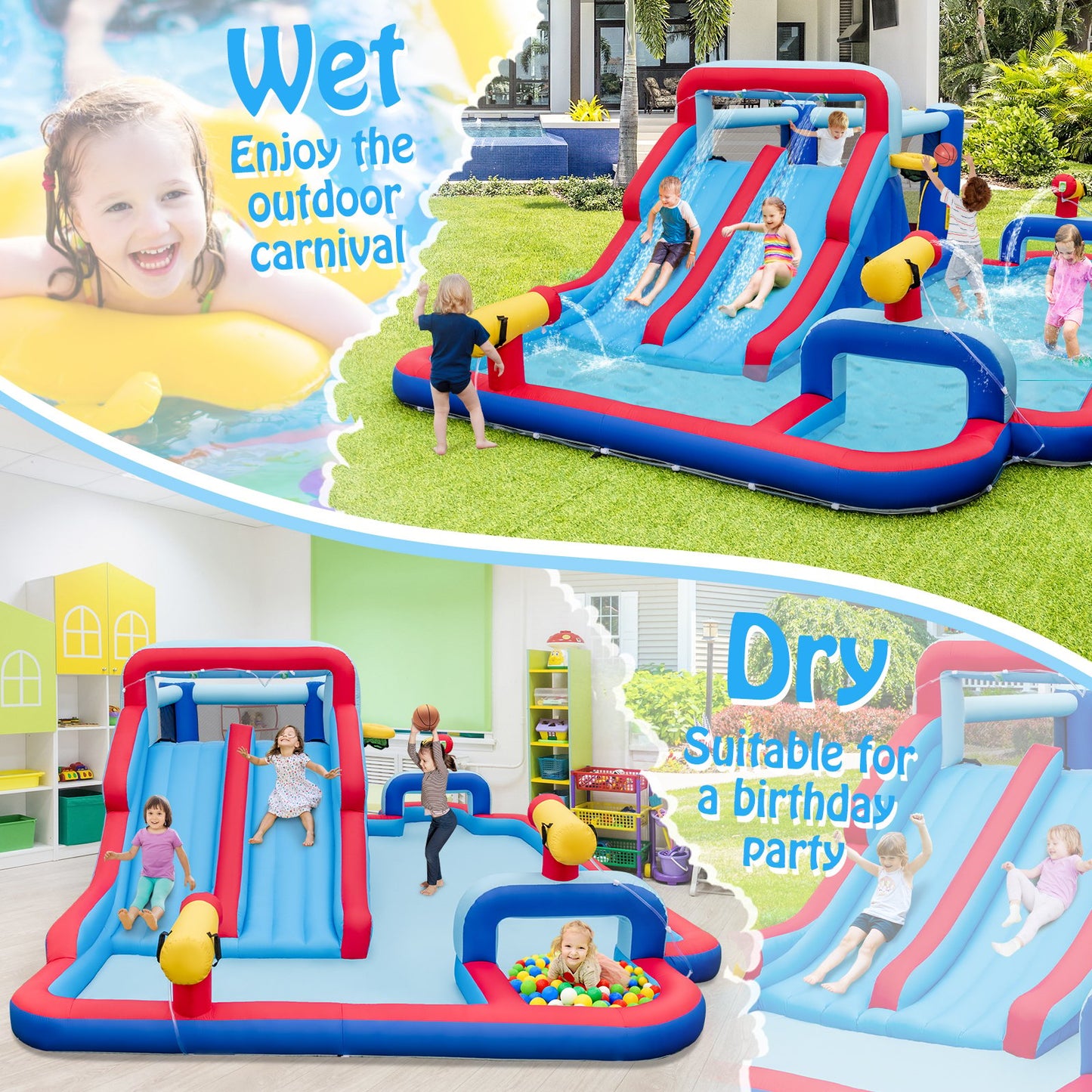 Inflatable Bounce House with 2 Water Slides and 3 Water Cannons With 735W Blower, Blue