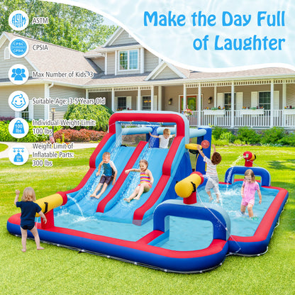 Inflatable Bounce House with 2 Water Slides and 3 Water Cannons With 735W Blower, Blue