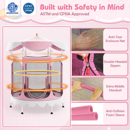 64" Kids Trampoline with Detachable Canopy and Safety Enclosure Net, Pink