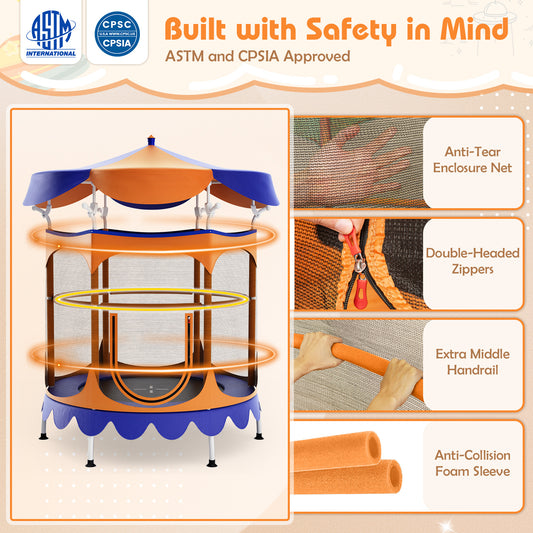 64 Inch Kids Trampoline, Detachable Canopy, Safety Enclosure Net, Orange Trampolines Orange at Gallery Canada