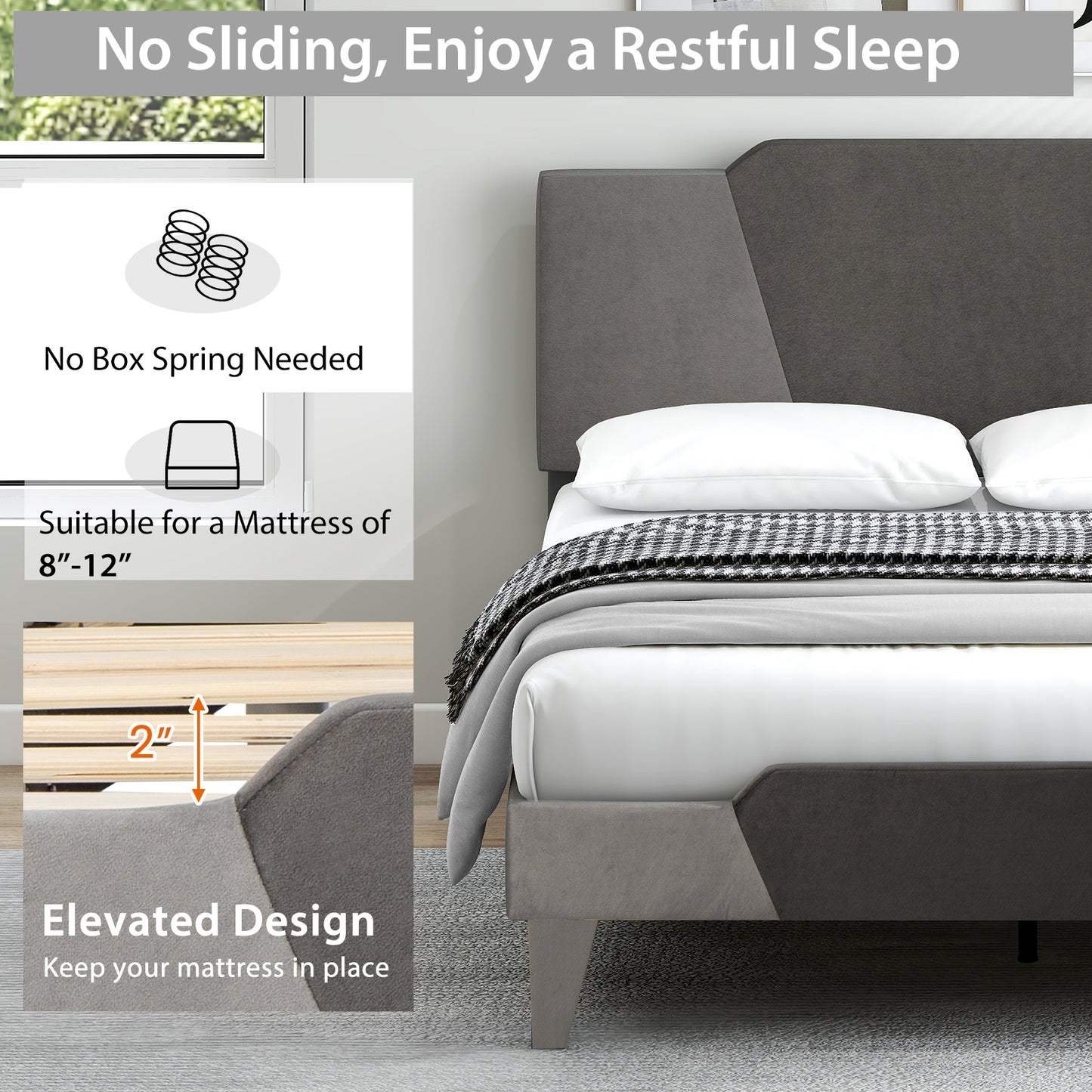 Velvet Upholstered Bed Frame, Full Size, High Headboard, Gray Simple Bed Frame at Gallery Canada