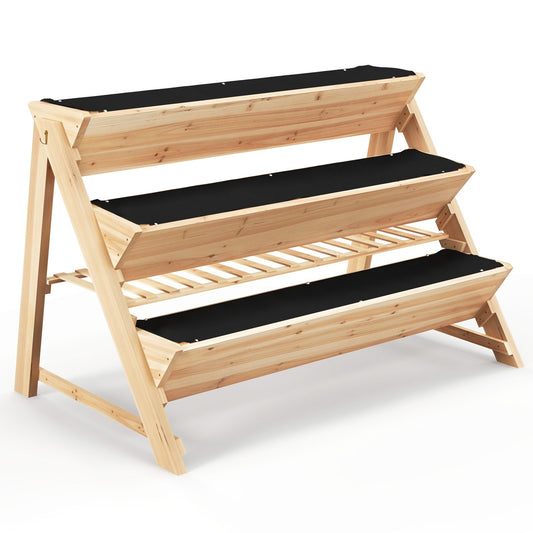 3-Tier Garden Bed with Storage Shelf  2 Hanging Hooks and 3 Bed Liners, Natural