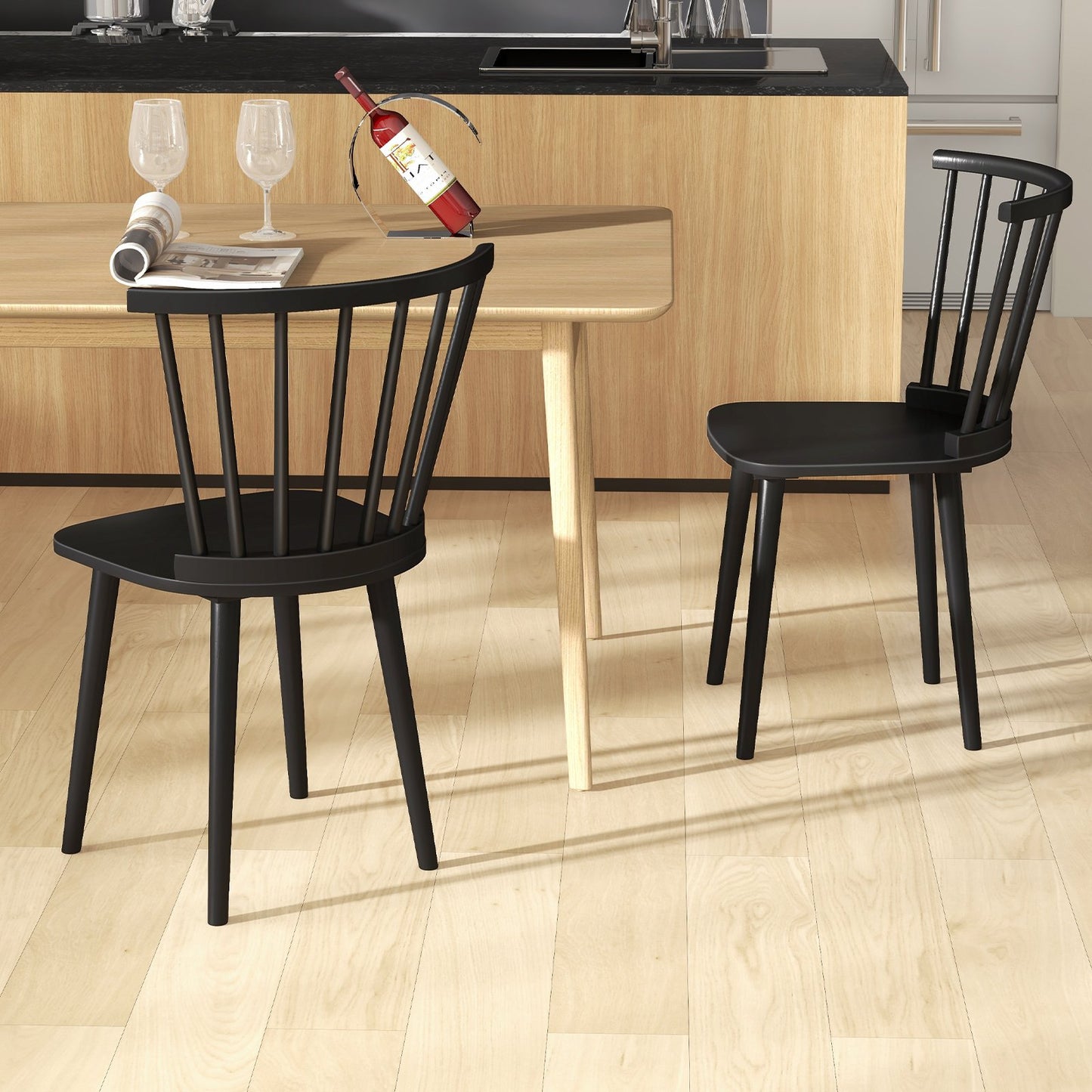 Windsor Dining Chairs Set of 2 Rubber Wood Kitchen Chairs with Spindle Back, Black